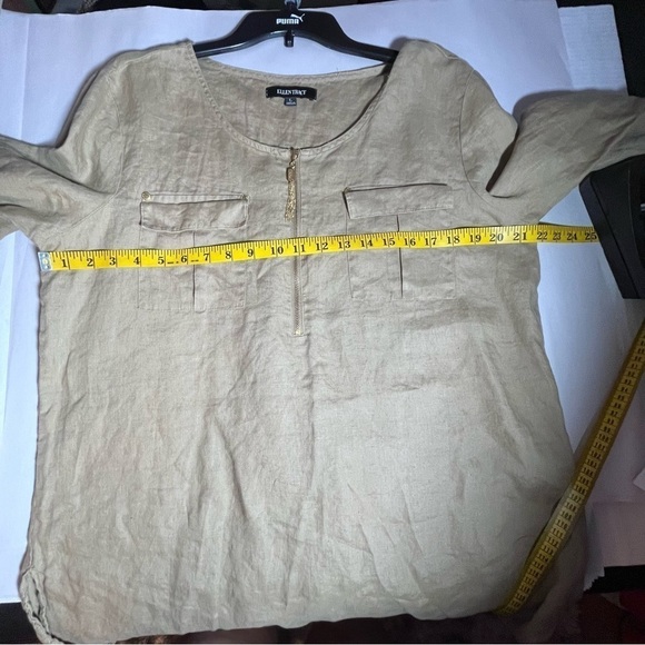 Ellen Tracy linen Large popover top Shirt Olive ling line rolled Sleeves 1/2 Zip - Picture 5 of 10